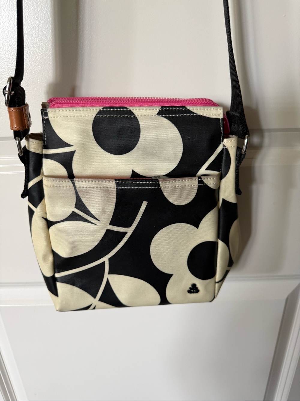 Orla Kiely Black and Cream Floral Crossbody with Pink Zip